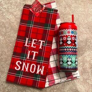 Brand New Set of 2 Christmas Plaid Kitchen Towels & Glitter Penguin Water Bottle